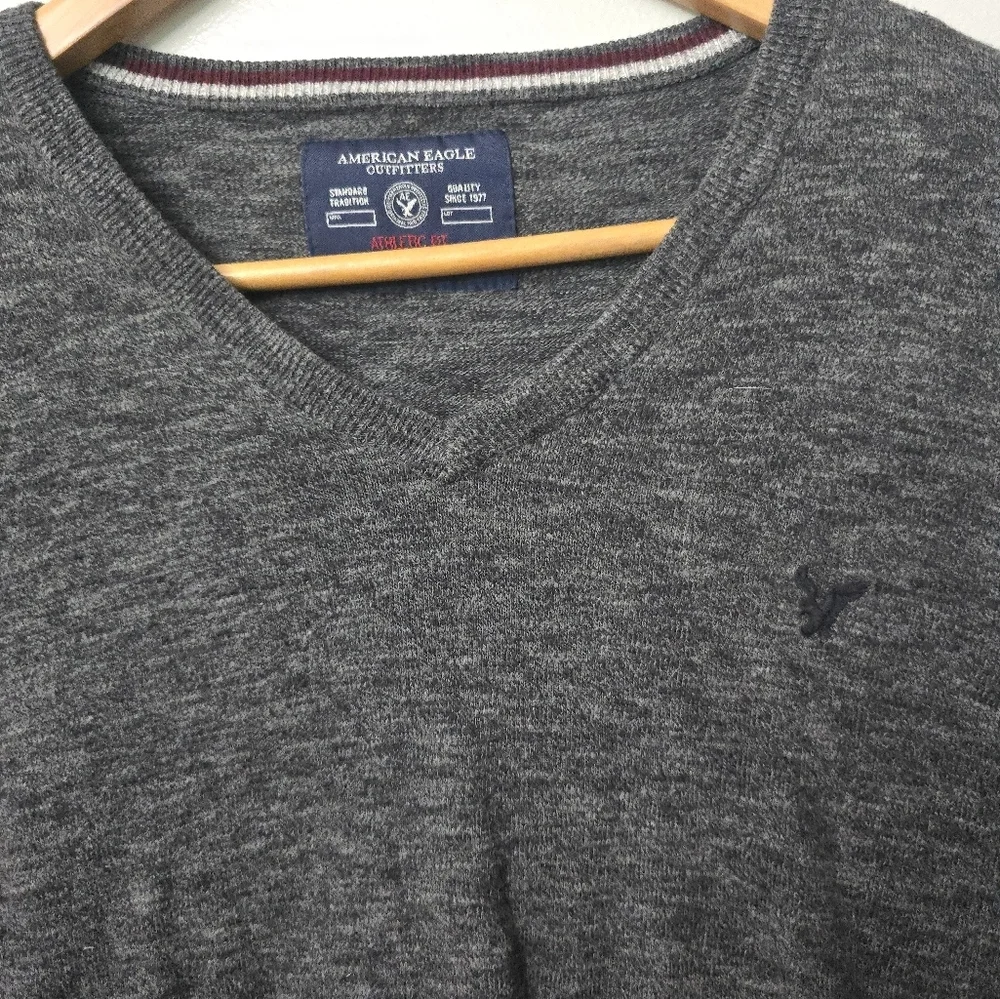 American Eagle Sweater Mens Medium Gray Knit Athletic Fit V-Neck Dark Academia